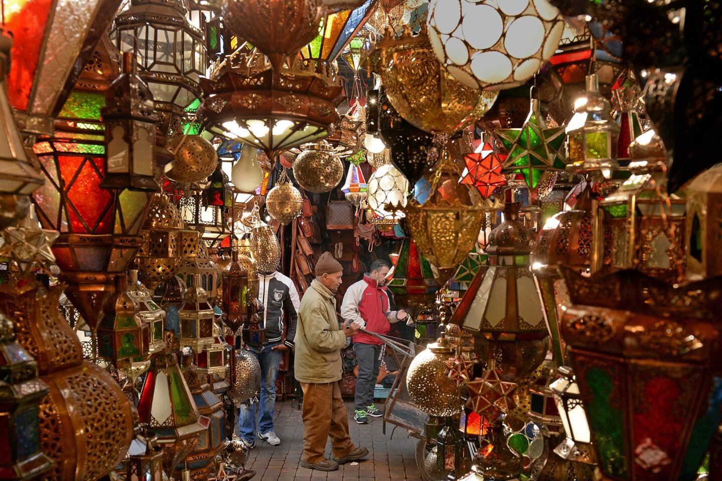 Lamps and leather goods in the labyrinthine souks of Marrakech’s Medina